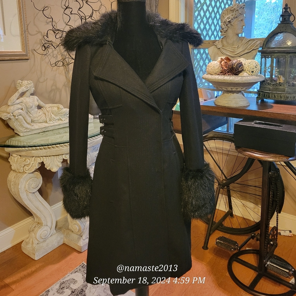 Bebe Wool Blend Jacket Faux Fur Collar Faux Fur Sleeve Cuffs Designer Luxury 62 - Picture 3 of 14
